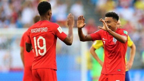 UNITED-DUO FOR ENGLAND: Jesse Lingard (t.h) og Marcus Rashford jubler for avansement i kvartfinalen da Sverige ble slått 2-0- UNITED-DUO FOR ENGLAND: Jesse Lingard (t.h) og Marcus Rashford jubler for avansement i kvartfinalen da Sverige ble slått 2-0-