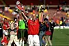 MANCHESTER, ENGLAND - MAY 22: Jaap Stam celebrates after the FA Cup Final between Manchester United v Newcastle at Wembley Stadium on May 22, 1999 in London. Manchester United 2 Newcastle United 0. (Photo by John Peters/Manchester United via Getty Images)