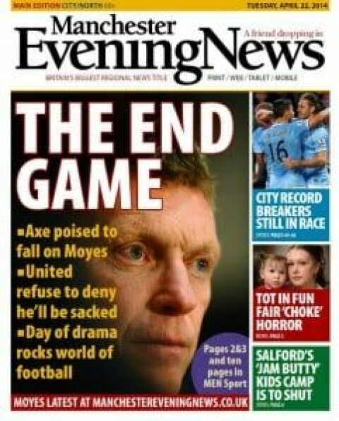 SPARKEN: Forsiden på Manchester Evening News da Moyes ble sparket.