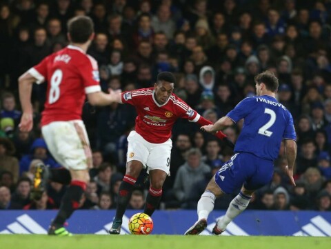 LONDON, ENGLAND - FEBRUARY 07: Anthony Martial of Manchester United in action withBranislav Ivanovic of Chelsea during the Barclays Premier League match between Chelsea and Manchester United at Stamford Bridge on February 7 2016 in London, England. (Photo by John Peters/Man Utd via Getty Images)