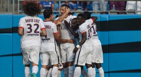 CHARLOTTE, NC - JULY 25: Teammates celebrate with Zlatan Ibrahimovic #10 of Paris Saint-Germain after his first half goal against Chelsea during their International Champions Cup match at Bank of America Stadium on July 25, 2015 in Charlotte, North Carolina. (Photo by Grant Halverson/Getty Images)