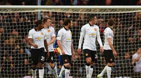 UAVGJORT: United-spillere under 1-1-kampen mot nedrykksplassplasserte Aston Villa på Villa Park. unitedvill