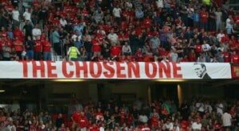 Banneret til David Moyes på Old Trafford.