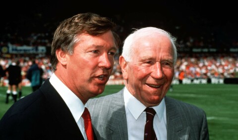 Sport, Football, Old Trafford, 1991, Legendary former Manchester United Manager Sir Matt Busby (right) meets with the current United Manager Alex Ferguson