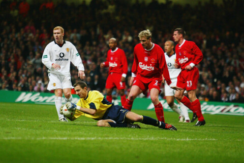 Jerzy Dudek of Liverpool makes an important save