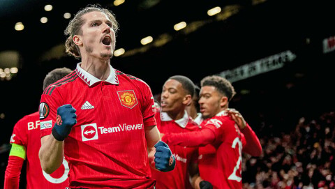 DET SÅ SÅ BRA UT: Marcel Sabitzer og United ledet med to mål, men klarte likevel ikke å vinne. masaa