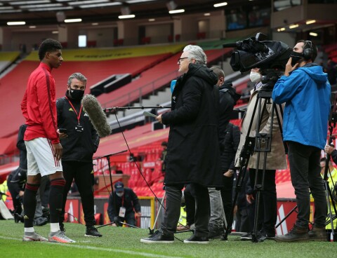 STLLER OPP: Marcus Rashford intervjues i 2020 etter en kamp mot Bournemouth. Manchester United v AFC Bournemouth - Premier League