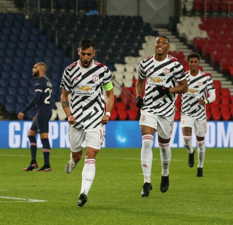 BRUNO-SUKSESS: Bruno Fernandes feirer scoring i Paris. BRUNO-SUKSESS: Bruno Fernandes feirer scoring i Paris.