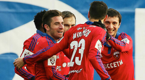 KHIMKI, RUSSIA - OCTOBER 31:Zoran Toshich of PFC CSKA Moscow celebrates with his team-mates after scoring during the Russian Premier League match between PFC CSKA Moscow and FC Ufa at Arena Khimki on October 31, 2015 in Khimki, Russia. (Photo by Epsilon/Getty Images)
